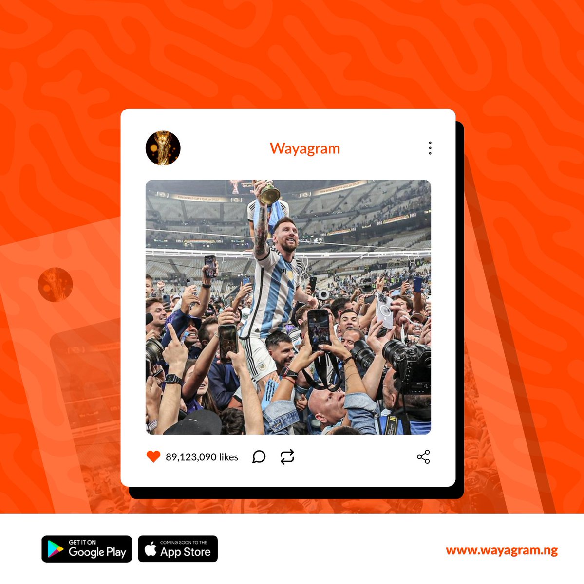 WayagramNg's tweet photo. Impossible is Nothing. The Goat's debate is officially settled!! We've always known the real GOAT. He said he was going to do it, and He did it.
 Congratulations to Argentina on the world cup win in Qatar. #Wayagram #WC #WC2022 #Qatar #Messi #MondayMotivation https://t.co/xlfTPxBsUm