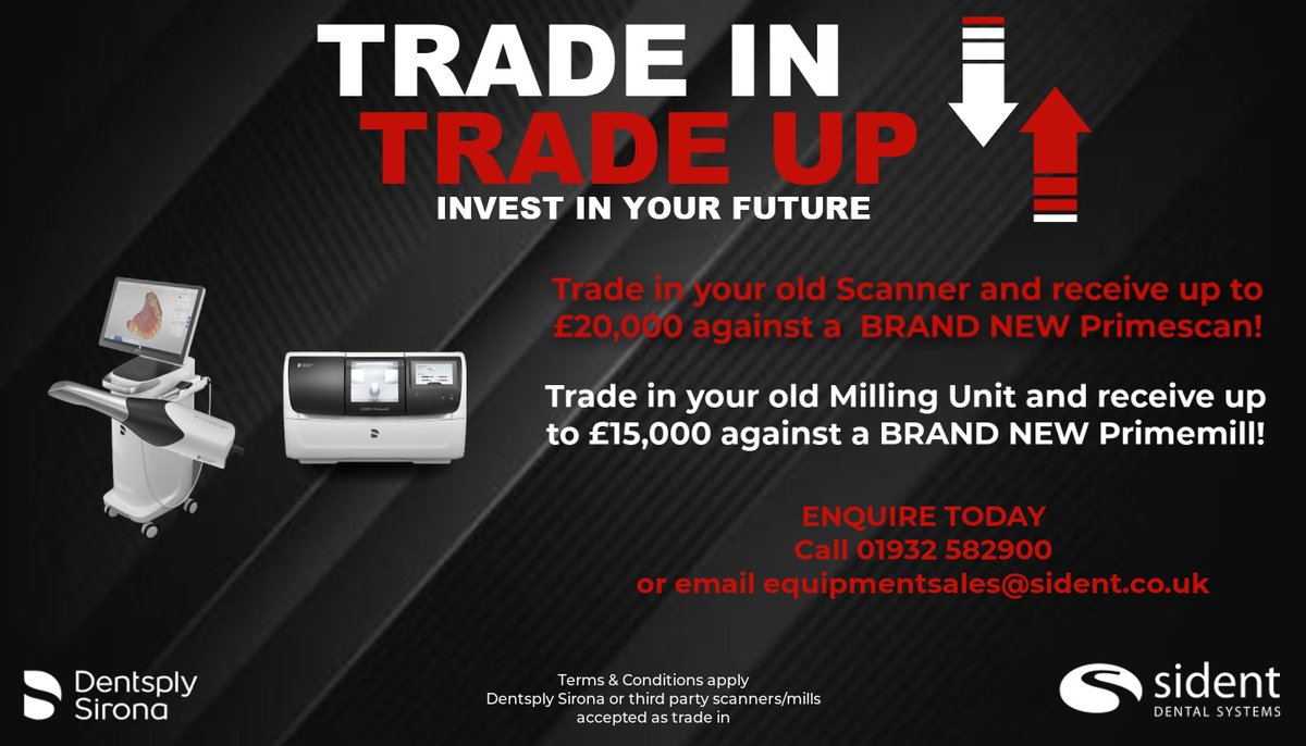 SidentDentalSys's tweet image. TRADE IN OFFER

• Valid to 31st March 2023
• Trade in Existing Dentsply Sirona scanners &amp;amp; milling units as well as Third party
• “Trade Up” to CEREC Primescan or to CEREC Primemill or both!

#primescan #primemill #scanner #digitaldentistry #cadcam #cerec #dentalprofessionals