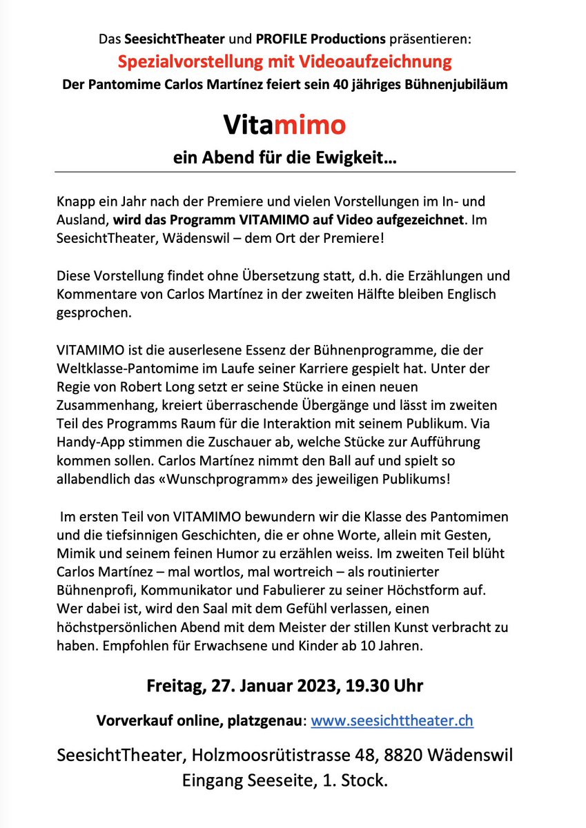 carlosmime's tweet photo. Hier ein paar Ideen für ein LAST MINUTE Weihnachtsgeschenk…
Kauft Tickets für die #Vitamimo Aufführungen am 27.01.23 im Seesicht-Theater in CH-Wädenswil oder vom 09.-11.03.23 im Kabarett der Galgenstricke in DE-Esslingen.
#Pantomime #CarlosMartínez #workshop #lastminutegeschenk https://t.co/izriUGcctz