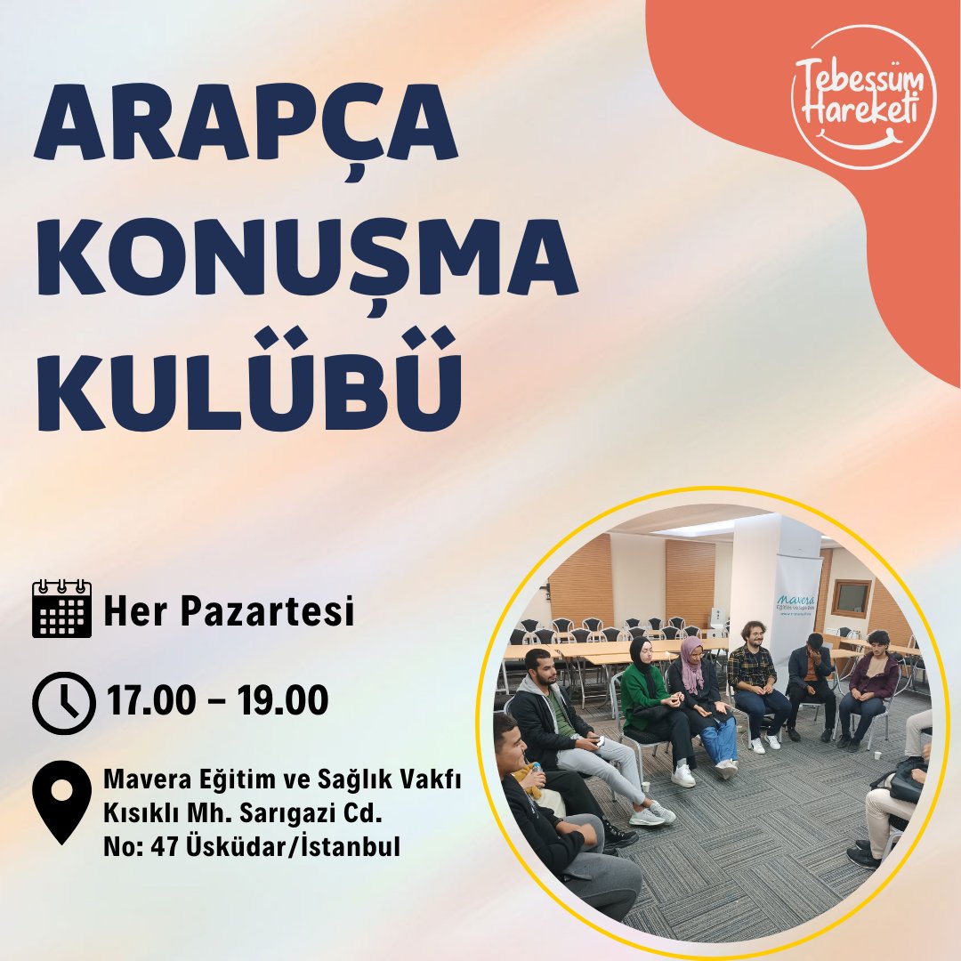 Arapça konuşma kabiliyetinizi geliştirmek, yeni arkadaşlar edinmek ve kaliteli insanlarla vakit geçirmek İstiyorsanız doğru yerdesin.
Etkinliğimizde:

👉 Yepyeni arkadaşlar edinecek,
👉 Arapça konuşma kabiliyetimizi geliştirecek,
👉 ve keyifli oyunlar oynayarak eğleneceğiz.