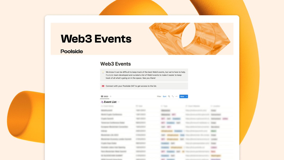 We know it can be challenging to keep track of the best Web3 events, but we are here to help. @Poolsideco curated a list of #Web3 events to make it easier to keep track of all that's going on in the space. 🔓Claim an OAT to unlock the full list: bit.ly/3V3wnNG