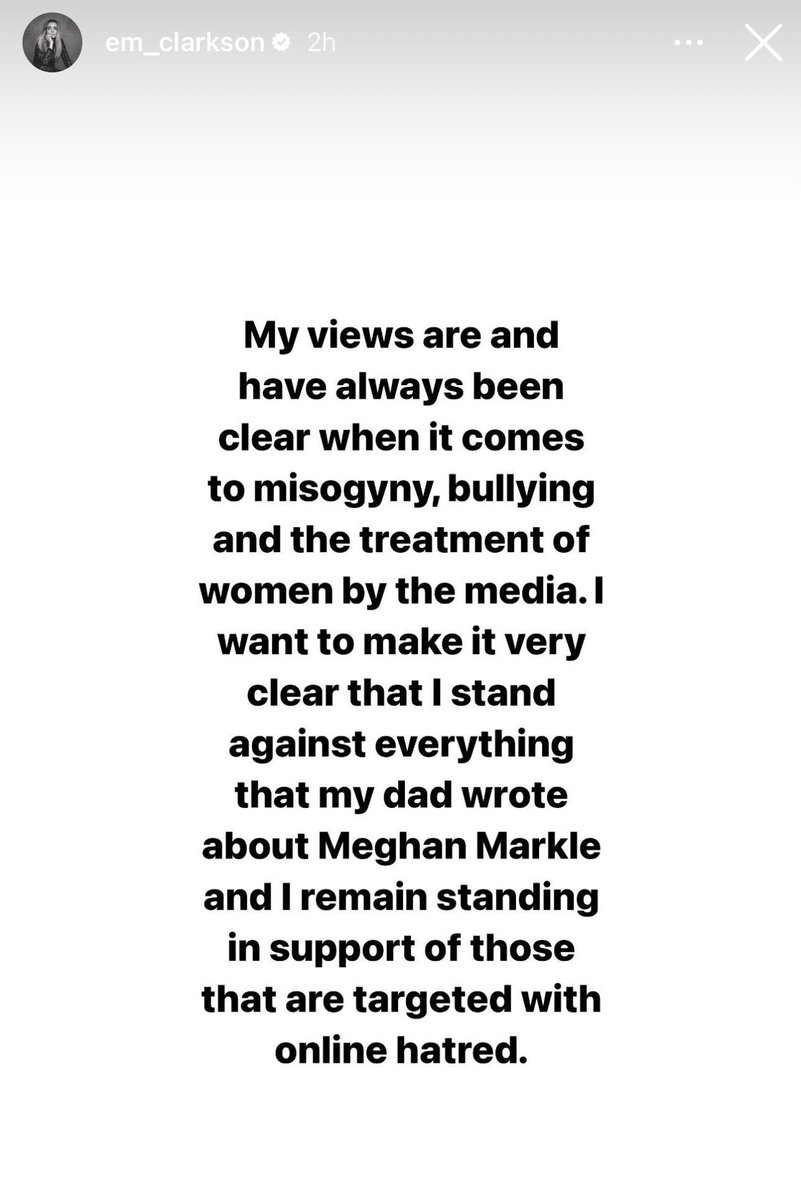 <a href="/JeremyClarkson/">Jeremy Clarkson</a> There is nothing clumsy about the misogynistic intent you put in your words, Jeremy. Don't hide behind a TV show reference, you said Markle “used some vivid bedroom promises to turn him [Harry] into a warrior of woke.”

Even you're daughter says this is misogyny and bullying.