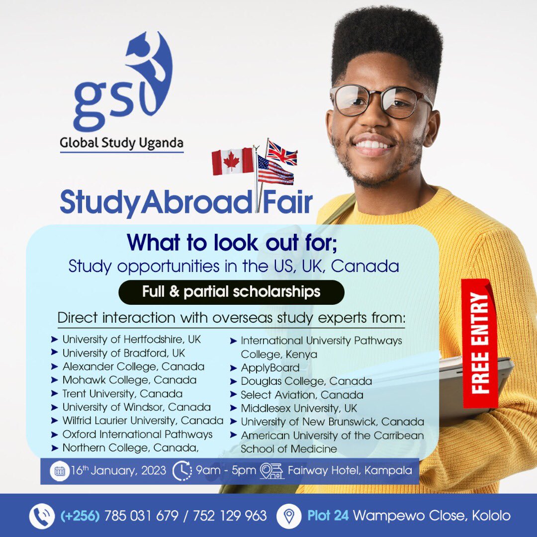 globalstudyug's tweet image. 🗓 Study Abroad Fair

👀 Study Opportunities in the US, UK, Canada, for Full &amp;amp; Partial Scholarships.

✈️ Direct interaction with overseas study experts from; (see poster).

📌 16th January, 2023
📍 Fairway Hotel, Kampala
🕘 9am - 🕔 5pm

#GSU #StudyFair #January2023Intake