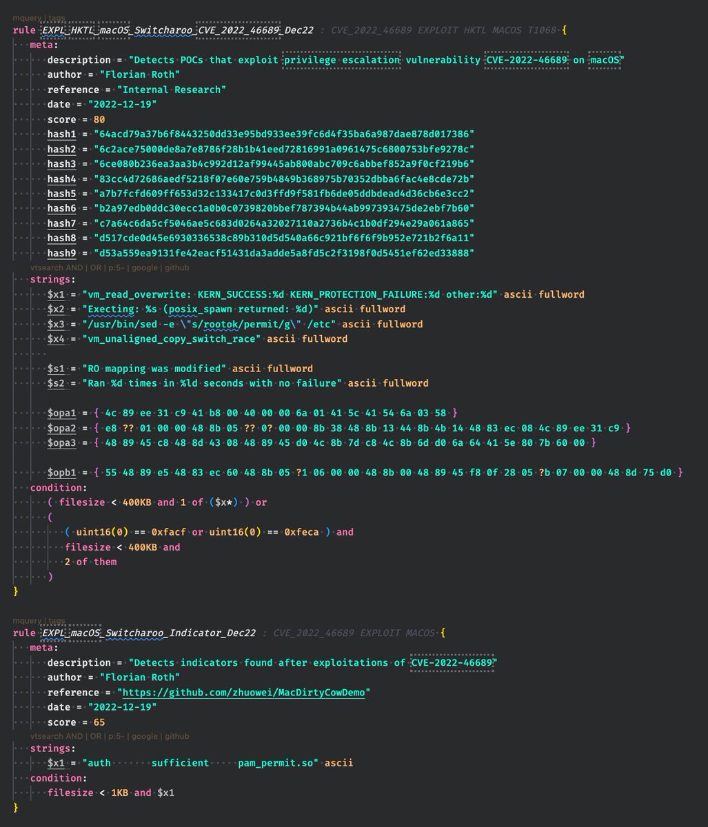 POC for macOS PrivEsc vulnerability CVE-2022-46689 and #YARA rules to detect it

POC
github.com/zhuowei/MacDir…

YARA rules
github.com/Neo23x0/signat…
