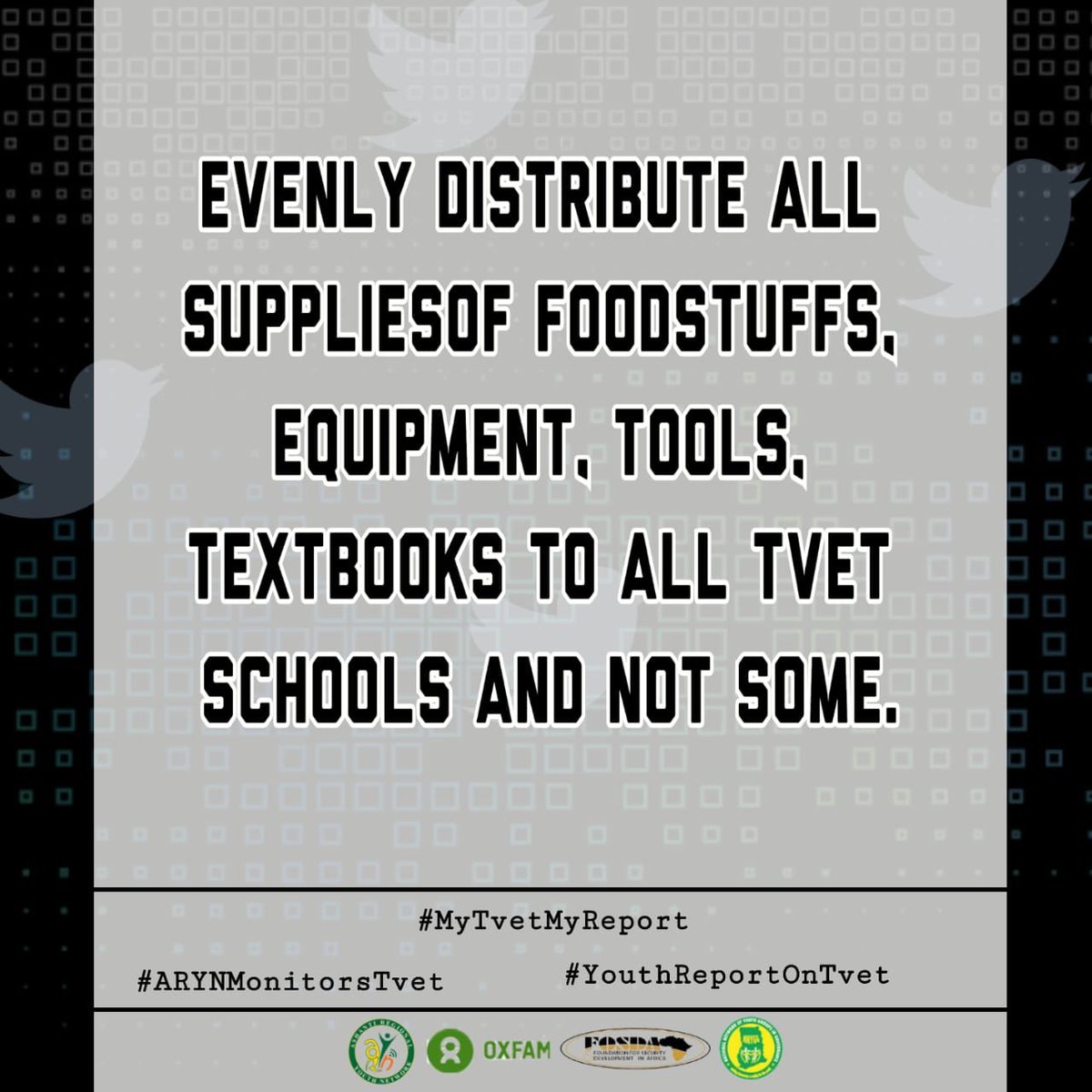 bmarkmix9's tweet photo. Evenly distribute all supplies of foodstuffs, equipment, tools, textbooks to all tvet institutions and not some. 
#MyTvetMyReport
#YouthMonitorsTvet
#ARYNReportsOnTvet
@fosdagh @oxfaminghana @MoF_Ghana @Citi973 @oyerepaofficial @kumasifm1041 @adehye991FM @NNYOG_GH @NRYN_GH https://t.co/MhmeMiHyH3