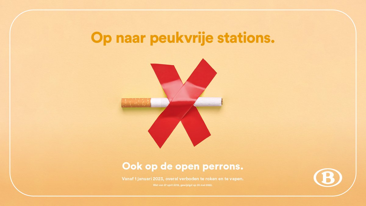 📣 Vanaf 1 januari worden alle perrons rookvrij!
🚭 Roken en vapen zijn dan niet meer toegestaan op het volledige spoorwegdomein.
🙌 Een positieve maatregel, zowel voor de gezondheid van de reizigers, als voor de netheid van de perrons.