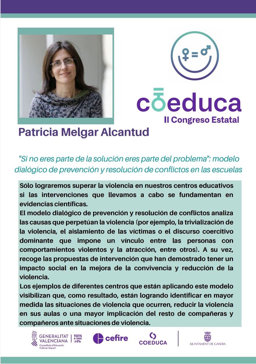 GVA_Cefire's tweet photo. 🖊️Vols conèixer les Claus de la socialització preventiva de violència de gènere❓
☑️ No et pots perdre la intervenció de Patricia Melgar Alcantud el dia 20 en el “II Congrés Coeduca: Coeducant en equip”🔝. 

➕ Enllaç d’inscripció 👇🏻
🔗https://t.co/r3lwrfsJH7 

🔊 Participa! https://t.co/LZUXAL89qA