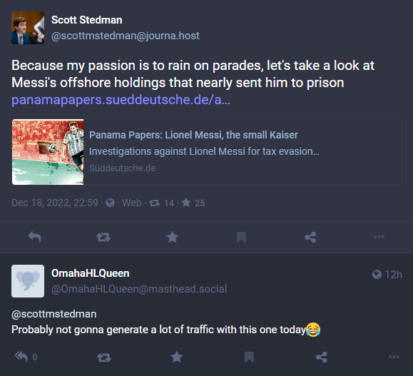 Pseudo-journalist <a href="/ScottMStedman/">Scott Stedman</a> is trying to boost traffic to his Mastodon by steering sheet around #Messi𓃵. And he's a <a href="/CitizenLab/">The Citizen Lab</a> researcher??? Make sure his bosses are aware of his "influencer girl" tactics...
👉https://journa[dot]host/<a href="/scottmstedman/">Scott Stedman</a>/109536919208177801