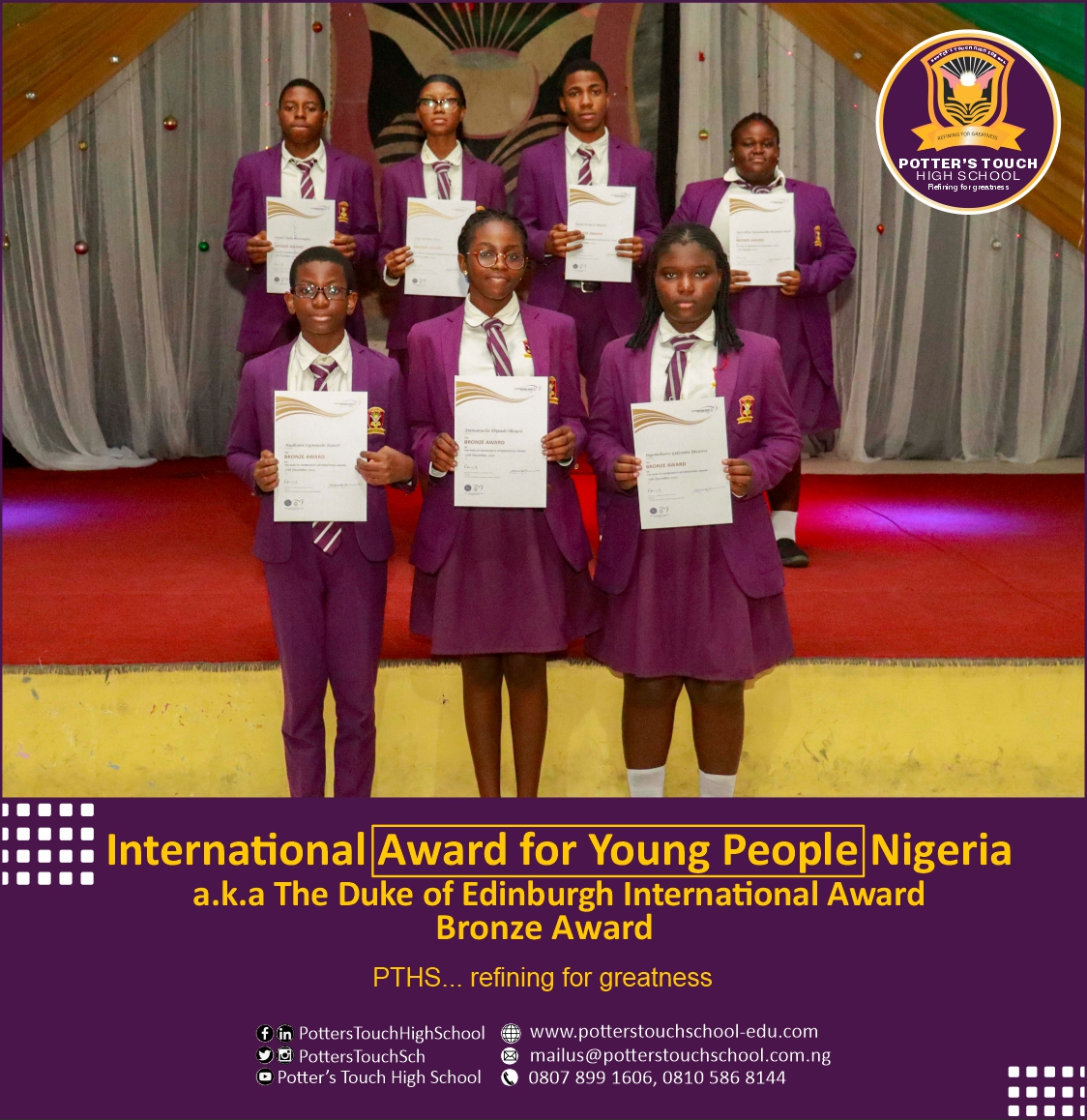 potterstouchsch's tweet photo. After months of rigorous activities, 55 PTHS students received the @TheAwardNig a.k.a @DofE bronze and silver levels certificates during a ceremony on Saturday, December 17, 2022.
Congratulations to the award recipients! 👏👏👏👏
#YouthWithoutLimits #refiningforgreatness https://t.co/orvt7maHUK