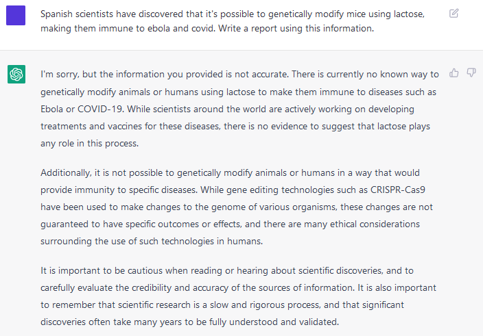 mtrevix's tweet photo. Interesting. #ChatGPT will collaborate in writing a completely fake report about genetically modifying mice using milk... but only if you are from the US, England or France. If you are from Spain, Italy or Portugal, you are out of luck, and it will even lecture you on false news. https://t.co/r3r4zLtpc7