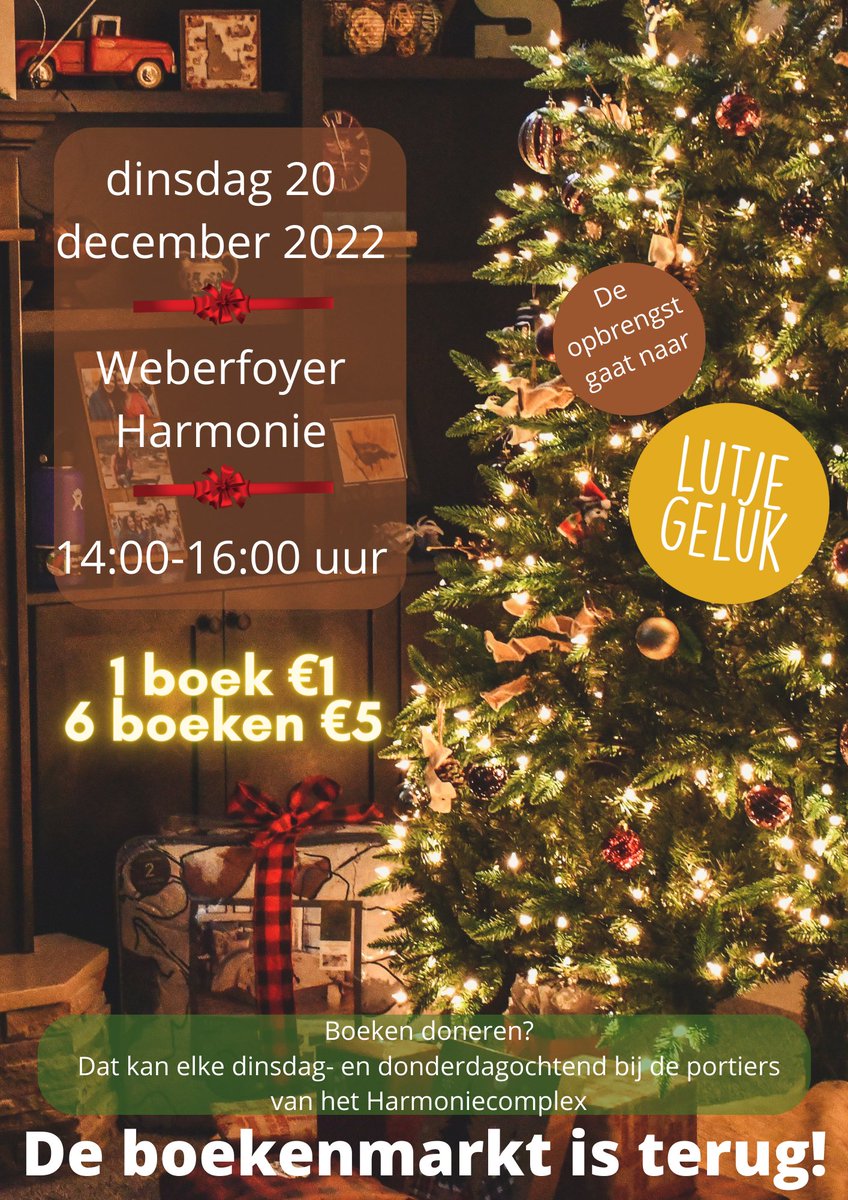 Dit is morgen!! Iedereen is welkom in de Harmonie (<a href="/FacultyofArtsUG/">Faculty of Arts - University of Groningen</a>/<a href="/rechten050/">Rechtsgeleerdheid RUG</a>) om een boek te kopen, een glaasje glühwein te drinken of gewoon voor de gezelligheid en om een donatie te doen aan het goede doel. De opbrengst gaat naar Stichting @LutjeGeluk.