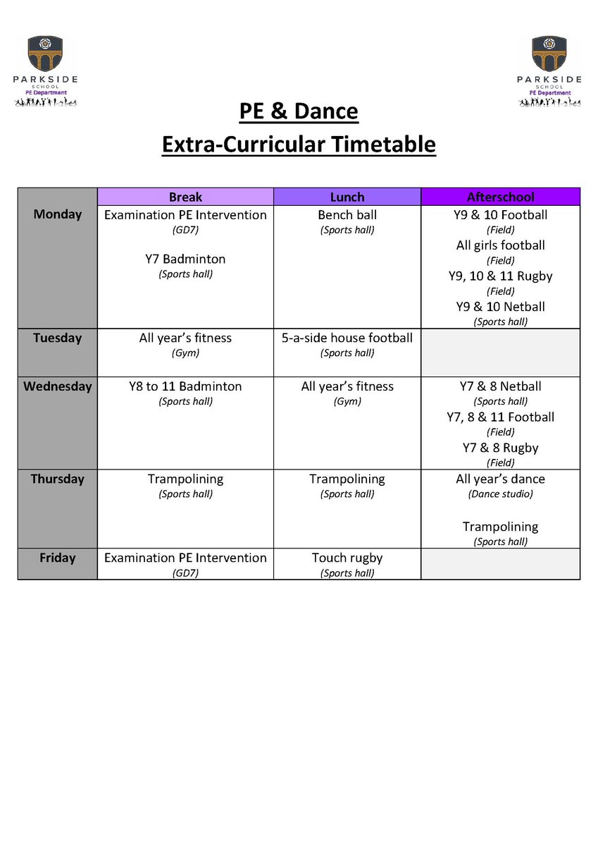 ParksideCulling's tweet photo. Check out the new PE & Dance extra-curricular timetable starting this term. Which group will you be joining?
#ParksidePE
#ExtraCurricular
#Teamwork https://t.co/p2po8D6xE7