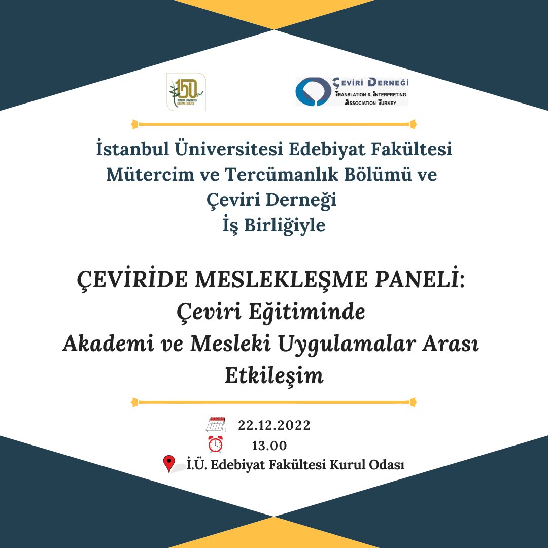 Fakültemiz <a href="/iu_tercumanlik/">İ.Ü. Mütercim ve Tercümanlık Bölümü</a> ve <a href="/CeviriDernegi/">Çeviri Derneği</a> iş birliğiyle 22 Aralık 2022 tarihinde 13.00-17.00 saatleri arasında 'Çeviride Meslekleşme Paneli: Çeviri Eğitiminde Akademi ve Mesleki Uygulamalar Arası Etkileşim' konulu program gerçekleştirilecek

Ayrıntı 👉 bit.ly/3HM8V4w