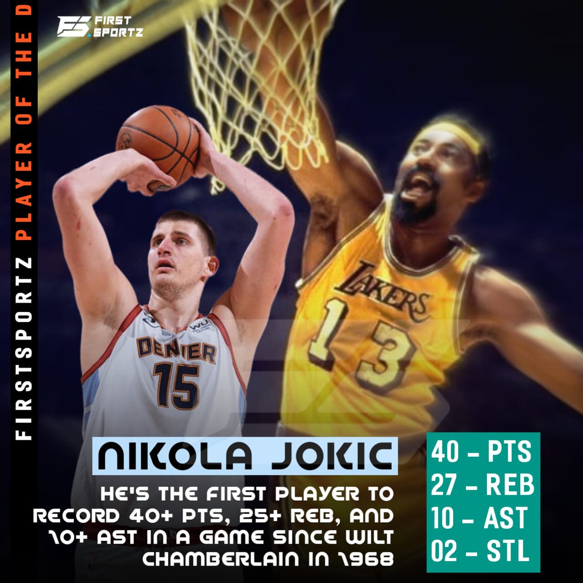 FS_NBA1's tweet photo. Once again the joker has put up mammoth stats. He's just having a Wilt Chamberlain like stats. Here's one for our FirstSportz player of the day
@njokic @nuggets

#NBA #DenverNuggets #nikolajokic #jokic #firstsportznba #Firstsportzplayeroftheday #FSPOD https://t.co/GWXczrwb6b