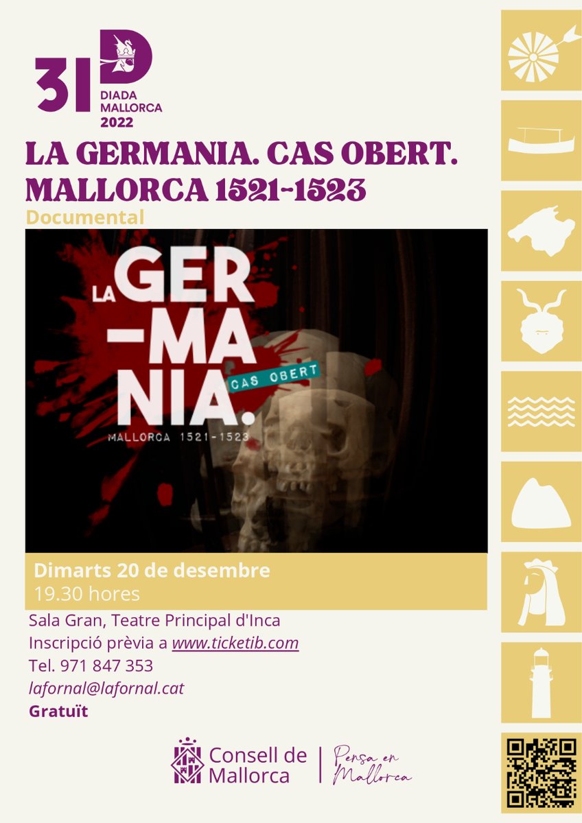 #DiadaDeMallorca2022 | Documental 🎬

🎞️ La germania. Cas obert. Mallorca 1521-1523.
📅 Dia: Demà, 20 de desembre
⏰ Hora: 19:30h
📍 Ubicació: Sala Gran, Teatre Principal d'Inca

🎫 Treu la teva entrada gratuïta aquí 👉 bit.ly/3W0Sl50

#AgermanemMallorca