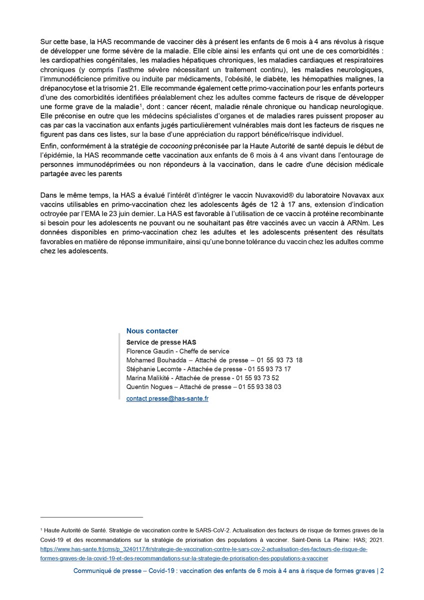 #Communiqué | La HAS recommande d’élargir la vaccination contre le #COVID19 aux enfants âgés de 6 mois à 4 ans :
▪ à risque de forme grave et de décès
▪ vivant dans l’entourage de personnes immunodéprimées ou ne répondant pas à la vaccination
👉has-sante.fr/jcms/p_3396939…