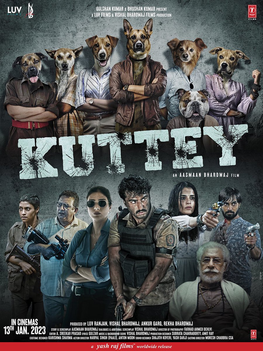 Letting the dogs out finally 🦴
#Kuttey trailer out tomorrow!

In cinemas 13th January

<a href="/arjunk26/">arjunk26</a> #Tabu #NaseeruddinShah <a href="/konkonas/">Konkona Sensharma</a> #KumudMishra #RadhikaMadan #ShardulBhardwaj #BhushanKumar <a href="/luv_ranjan/">Luv Ranjan</a> <a href="/VishalBhardwaj/">Vishal Bhardwaj</a> <a href="/gargankur/">Ankur Garg</a> <a href="/rekha_bhardwaj/">rekha bhardwaj</a> <a href="/LuvFilms/">𝕏ℝℙ 𝐍𝐨𝐭𝐢𝐟𝐢𝐜𝐚𝐭𝐢𝐨𝐧</a> <a href="/officialvbfilms/">Vishal Bhardwaj Films</a> <a href="/TSeries/">T-Series</a>