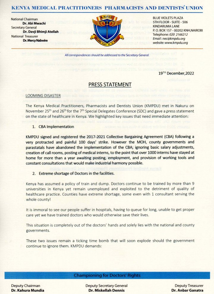 Davji's tweet photo. Implementation of the 2017-2021 Collective Bargaining Agreement was abandoned and ignored, Doctors are trained and dumped, Establishment of the health service commission as promised by government, these are just but some issues that KMPDU demands for the government to address. https://t.co/Qs91gvrvXk