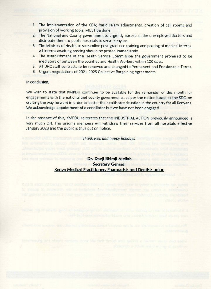 Davji's tweet photo. Implementation of the 2017-2021 Collective Bargaining Agreement was abandoned and ignored, Doctors are trained and dumped, Establishment of the health service commission as promised by government, these are just but some issues that KMPDU demands for the government to address. https://t.co/Qs91gvrvXk