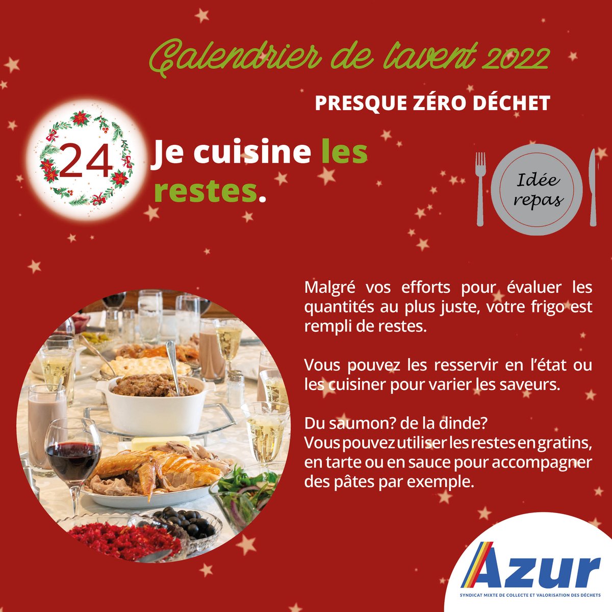 Calendrier de l'avent presque 0 déchet
Jour 24 - idée repas : je cuisine les restes

@VilleArgenteuil @villedebezons @VilleCormeilles #lafrettesurseine 

#calendrierdelavent #0déchet #idéerepas #restesalimentaires  #gaspillagealimentaire #antigaspi