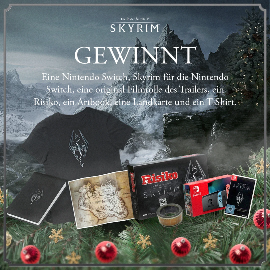 Wir verlosen ein The Elder Scrolls V: Skyrim Paket, bestehend aus: Notizbuch, TShirt, Karte, Risiko, Filmrolle des Trailers und Nintendo Switch inklusive Skyrim für die Switch. 