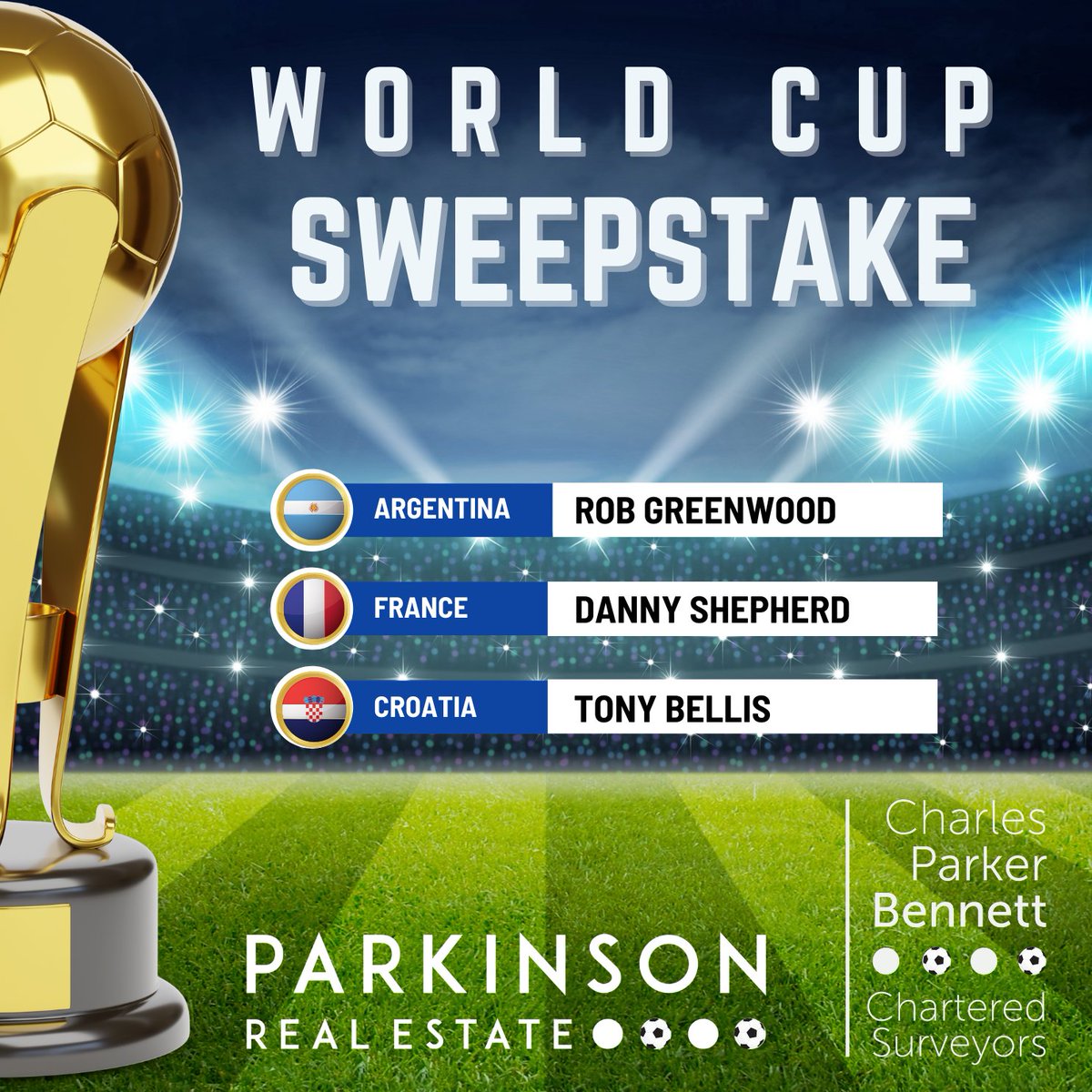 Hope those footie fans amongst us enjoyed the World Cup finale this weekend – what a great game of football.  Congratulations to Rob, Danny and Tony our sweepstake winners, who each receive John Lewis gift vouchers.

#SweepstakeWinners #CharlesParkerBennett #ParkinsonRealEstate