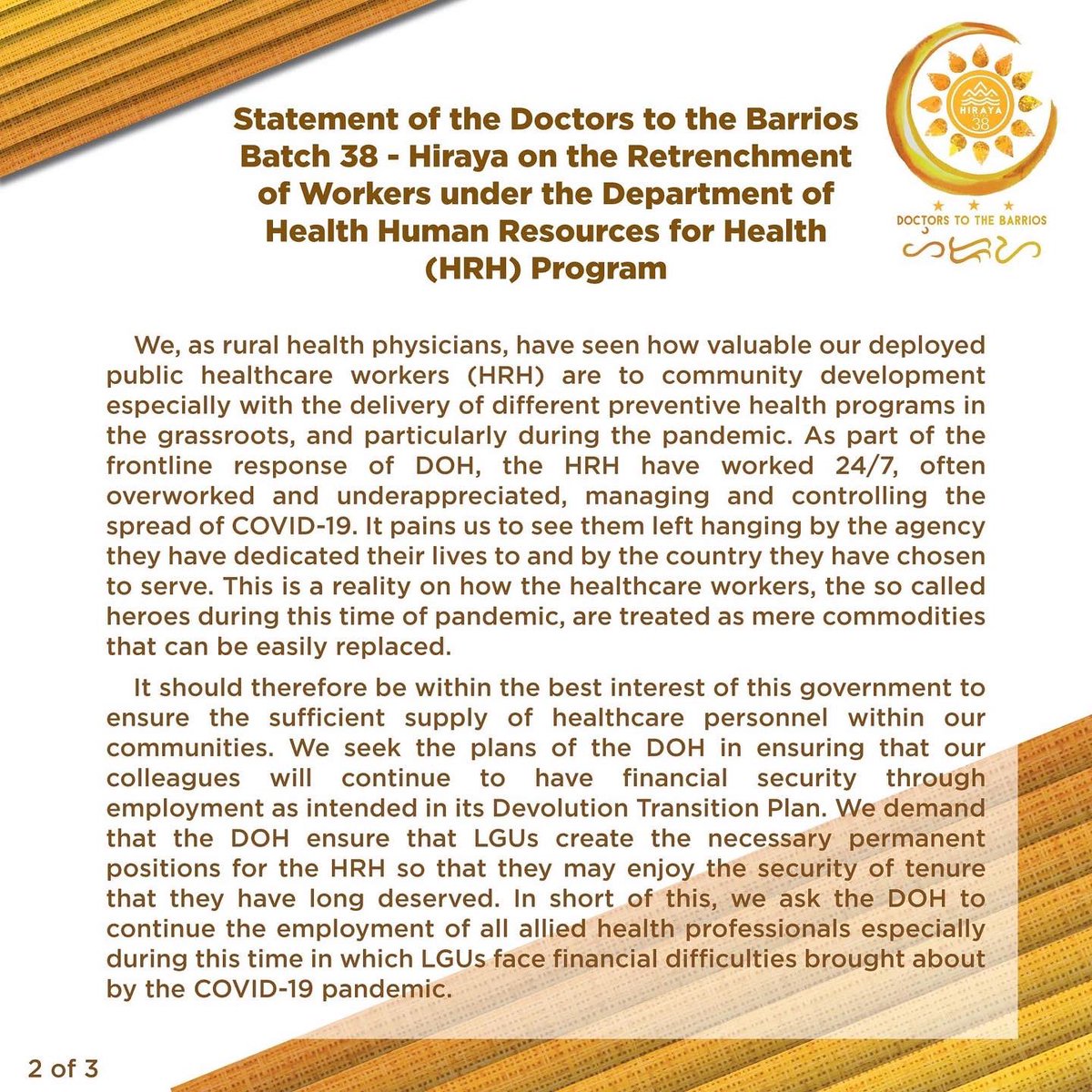 genenisperos's tweet photo. 10,000 health workers will be retrenched, ano ang ginagawa ng DOH?!

Imbes EMPLOYMENT after deployment, RETRENCHMENT ang ganti ng gobyerno sa mga"bayani" na health workers.

Saan pupulutin ang healthcare system natin?
Kawawa talaga ang mga Pilipino, pasyente man o health worker. https://t.co/jcqBAhSaWS