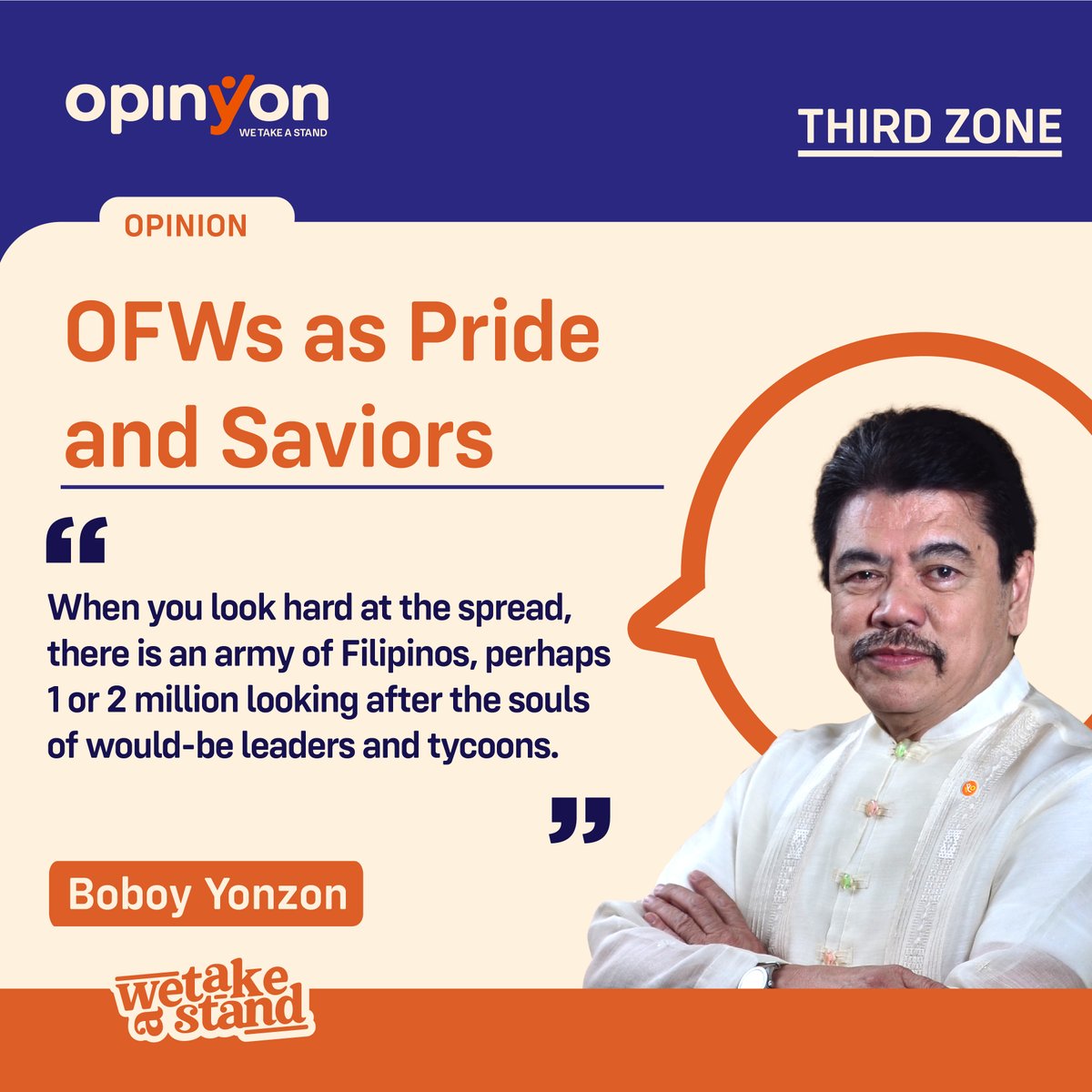 OpinYonNews's tweet photo. OFWs as Pride and Saviors
By Boboy Yonzon
When you look hard at the spread, there is an army of Filipinos, perhaps 1 or 2 million looking after the souls of would-be leaders and tycoons.
Read more
https://t.co/tkaLQJG21l
#OFWs #Pride #Saviors #Third #Zone #ThirdZone #Column https://t.co/HjVxGvDM8l