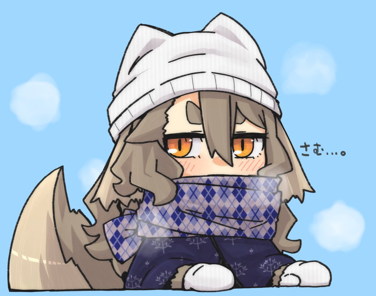 1girl solo thick eyebrows white headwear tail scarf mittens  illustration images