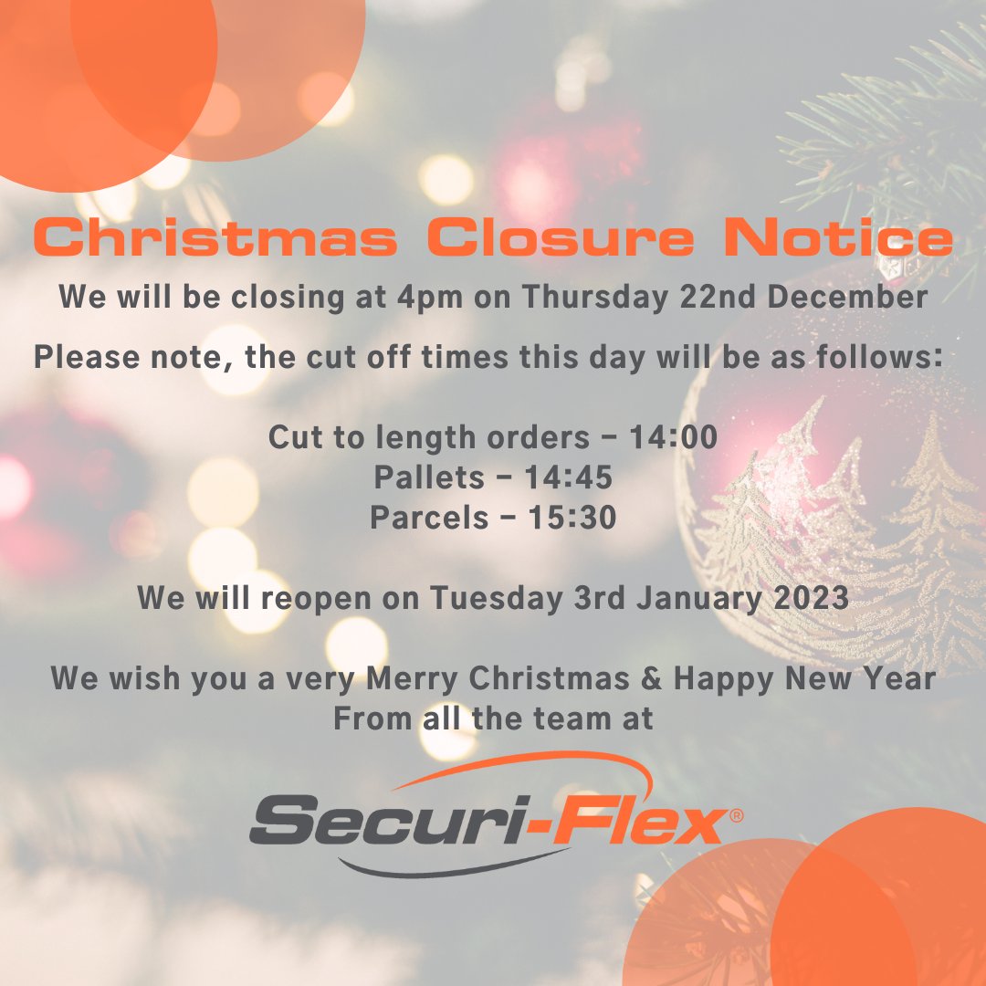 ❄Please note our Christmas opening times below❄
#team #workinghours #christmas #christmasclosure #christmas2022 #electrical #electricalindustry #electricalwholesale #cablemanufacturer #cablemanagement #securiflex #sfx #teamsfx