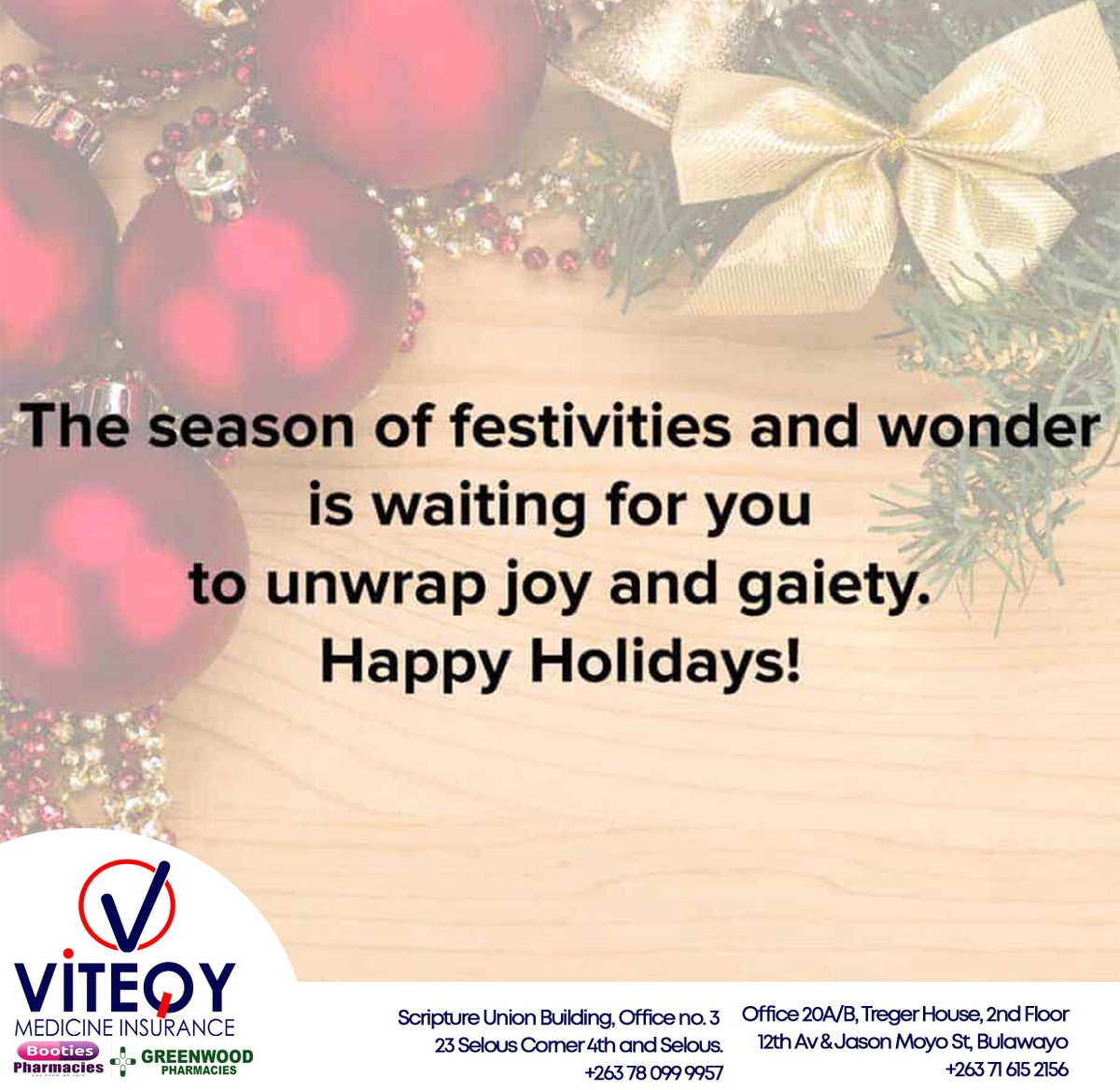 viteqy's tweet photo. HAPPY HOLIDAYS!!
#doctors #consultation #dental #optical #viteqy #NoShortfalls #NoAgeLimits #medicineinsurance #acutemedication #ChronicMedication #pharmacy #zimdiaspora
GET IN TOUCH FOR MORE INFORMATION & AVAILABLE PACKAGES
+263780999957 | +263716152156.
https://t.co/syyKer0bIF https://t.co/3rrAsCrwgC
