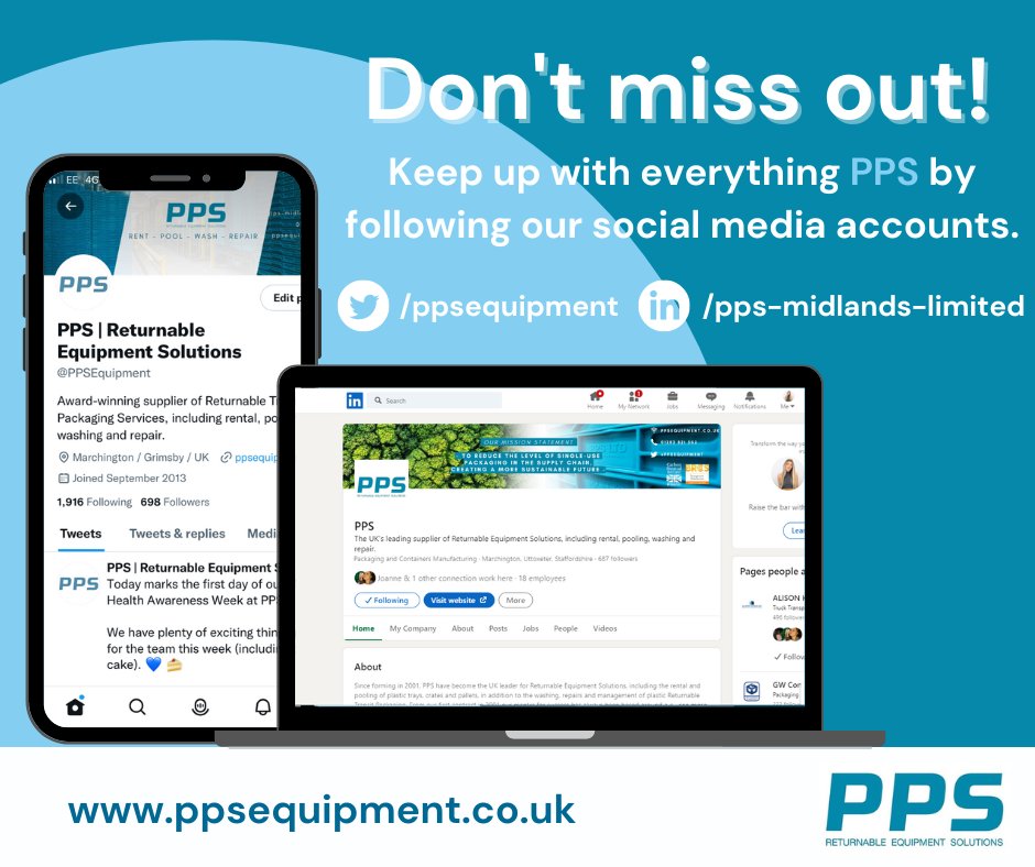 PPSEquipment's tweet photo. Do you follow us on social media? 💙
If not, why not?
Stay updated with all things PPS and what our team has been getting up to!
#PPSequipment #CrateHire #PalletWashing #Pallet #Crate #Sustainability #Resuse #Repair #Pooling #StopSingleUse #ReusablePackaging https://t.co/ZxxgDf5Hus