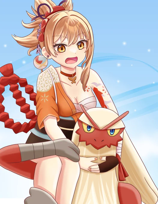 #宵宮 #原神 #バシャーモ #ポケモン  バシャーモが急に宵宮を担ぎ上げて「ちょ…!!なにすんや!?」って驚いているかんじのイラストです。 バシャーモは格闘タイプなので楽々持ち上げるでしょう! 宵宮ライドオンバシャーモ!