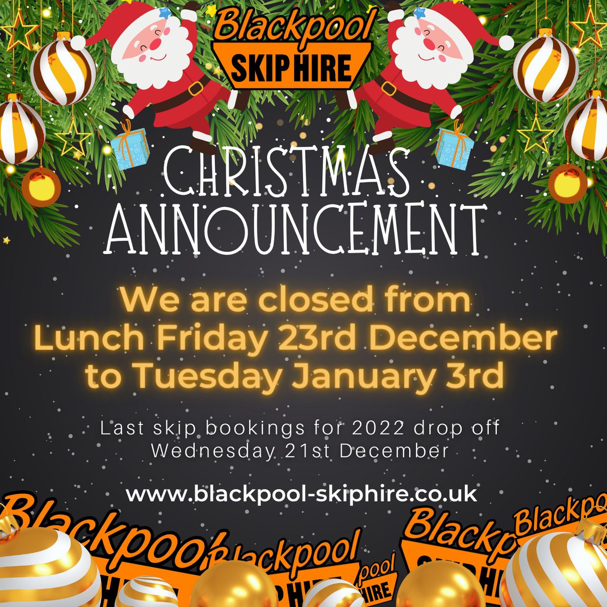 🎄🎄 Christmas Opening Times! 🎄🎄
We are closing at lunchtime on Friday 23rd December for the Christmas break and reopen Tuesday 3rd January! Please book skips for 2022 drop off no later than Wednesday 21st December. 🎅#wyrebusinessoftheyear2022