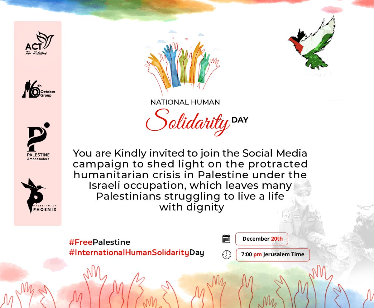 December 20th marks #InternationalHumanSolidarityDay

Join us to shed light on the protracted humanitarian crisis in #Palestine under the #IsraeliOccupation, which leaves many Palestinians struggling to live a life with dignity. 

#InternationalHumanSolidarityDay
#FreePalestine