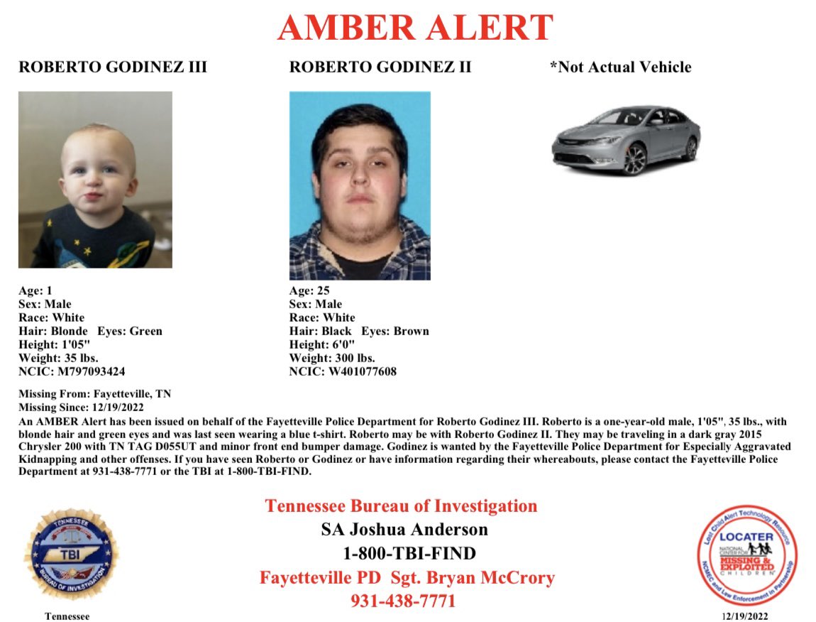 The child is 1’05”, 36 lbs, with blonde hair and green eyes. He was last seen wearing a blue t-shirt. 

Godinez is wanted by the Fayetteville Police Dept for especially aggravated kidnapping, and other offenses.

Call 931-438-7771 or 1-800-TBI-FIND if you see them.