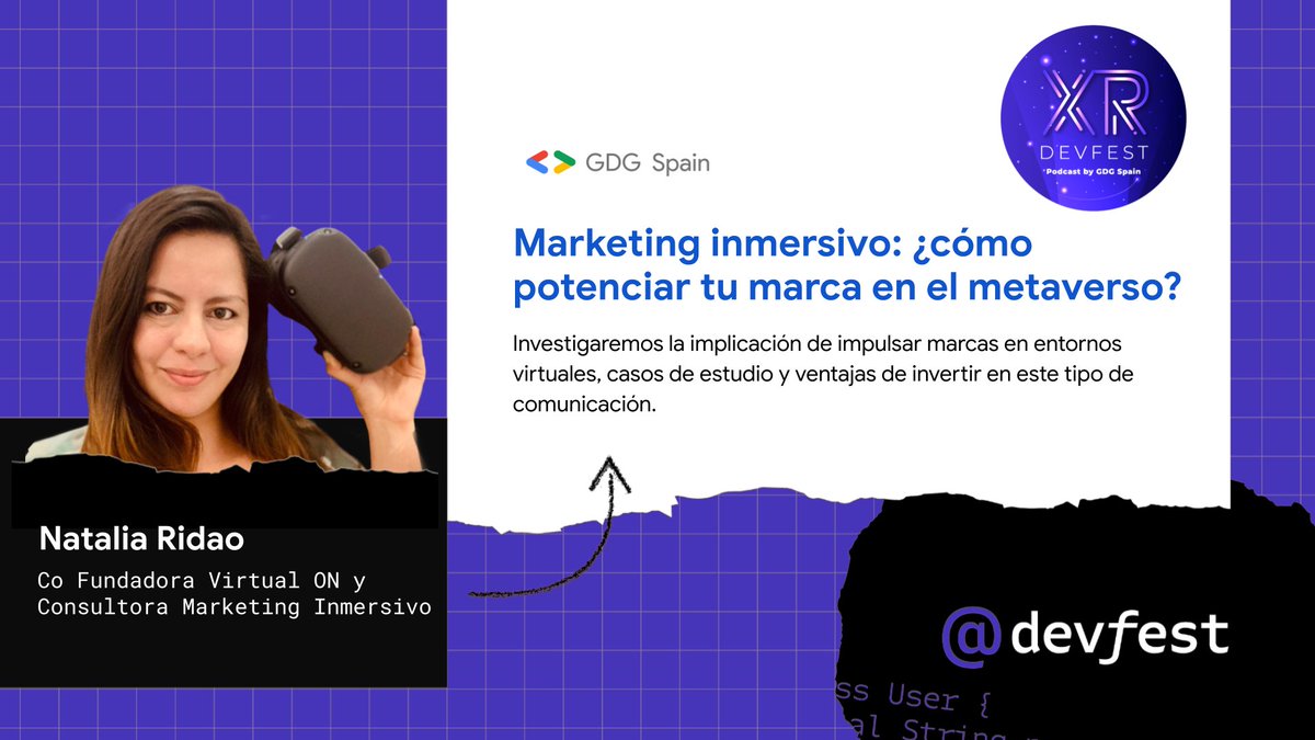 📢 Conozcamos a los ponentes #XR #DevFest:

Natalia Ridao <a href="/lachicadelavr/">lachicadelavr</a> es co-fundadora de Virtual ON y consultora de marketing inmersivo.

👇🧵