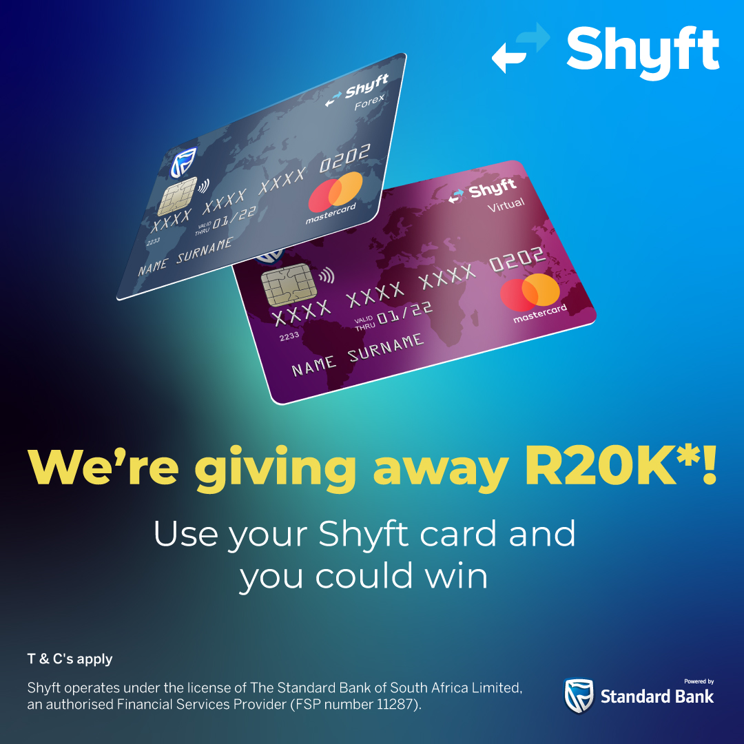 ShyftGlobal's tweet photo. 💰🎉 WIN R20 000! 

💳Use a Shyft physical rand/multicurrency card, a virtual card or a Shyft Union Pay International card between 15 December and 31 January and you could win R20 000* to beat the Janu-worry blues. 

*T &amp; C’s apply 

#GetShyft #Win #Competition #Januworry https://t.co/2OgNy9xOT7