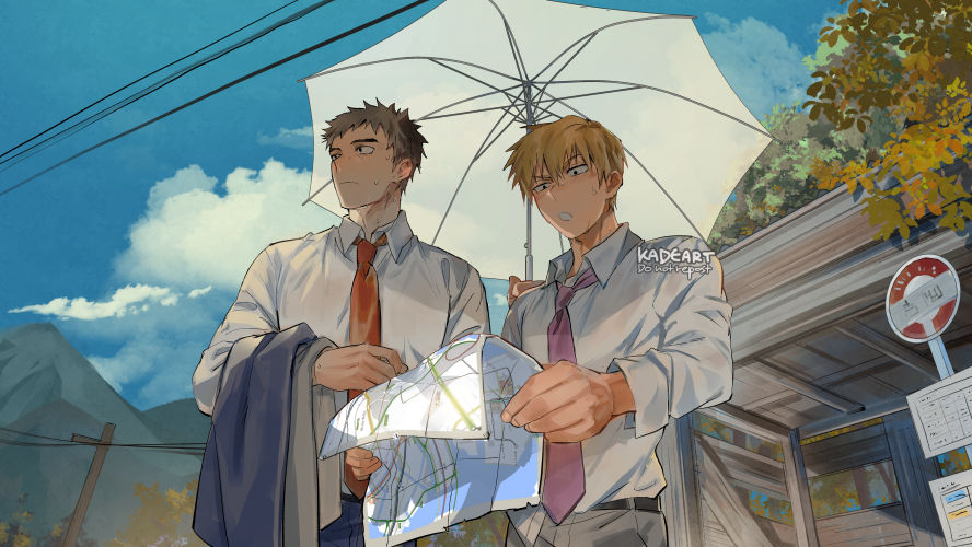 multiple boys 2boys necktie male focus umbrella short hair outdoors  illustration images