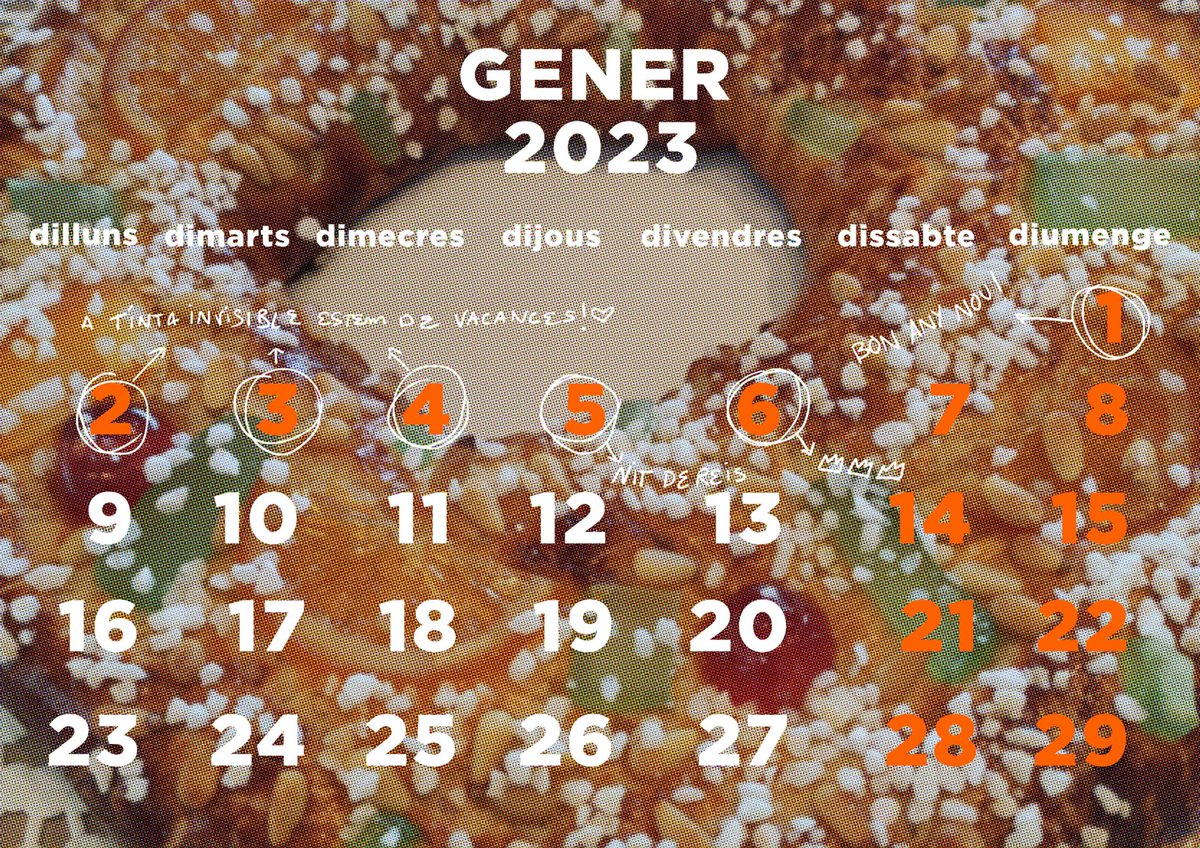 ElsInvisibles's tweet photo. Benvolguts amics, us adjuntem el calendari dels dies que Tinta invisible romandrà tancat.
Desembre: 23 i 30 i gener: 2, 3, 4, 5 i aquells festiu que no cauen en cap de setmana.
Gaudiu d'aquestes festes!🎄 https://t.co/jnVIgYPNVw