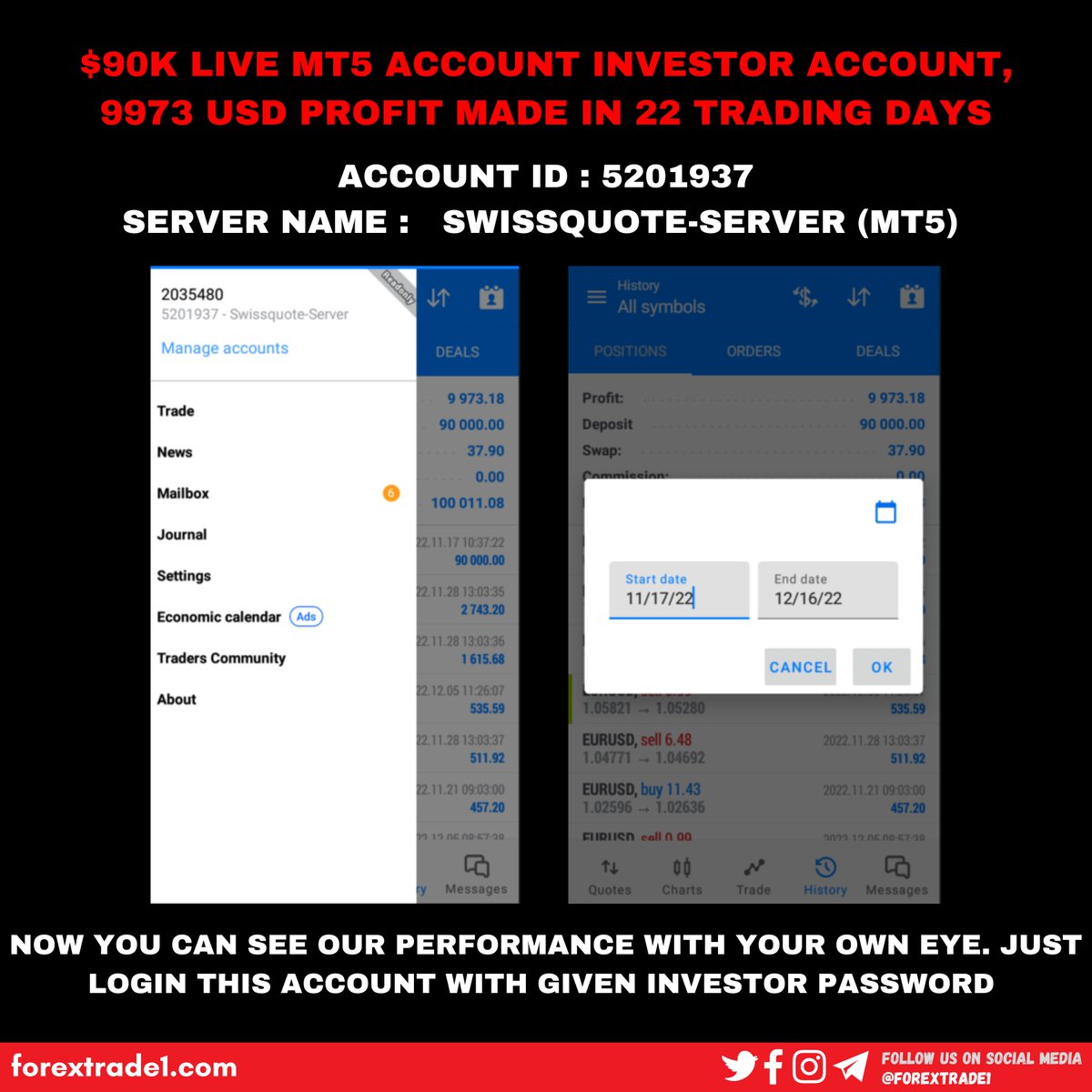 $90K LIVE MT5 ACCOUNT INVESTOR ACCOUNT, 9973 USD PROFIT MADE IN 22 TRADING DAYS
Login Id: 5201937
Investor Password: ASK US
Server Name:  Swissquote-Server 
Account Type: MT5
Account start date: 17-11-2022

#investing #MONEY #moneymaking #tuesdayvibe #GBPUSD