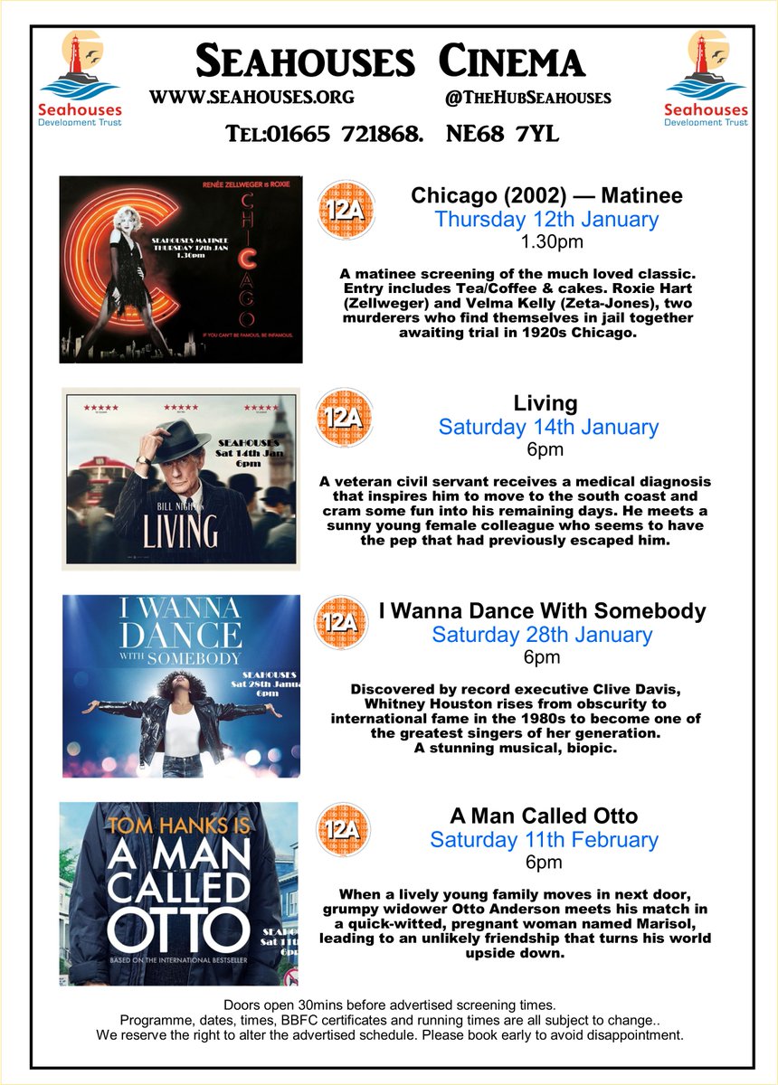 Loads of great #Films to look forward to in the #HappyNewYear. Tickets are now available T.721868 or buy from Cubbys, Main St. seahouses.org
#Living #EmpireOfLight #IWannaDanceWithSomebody  #Northumberland #Seahouses #AManCalledOtto #SeahousesFilmClub <a href="/alnwickgazette/">Northumberland Gazette</a>