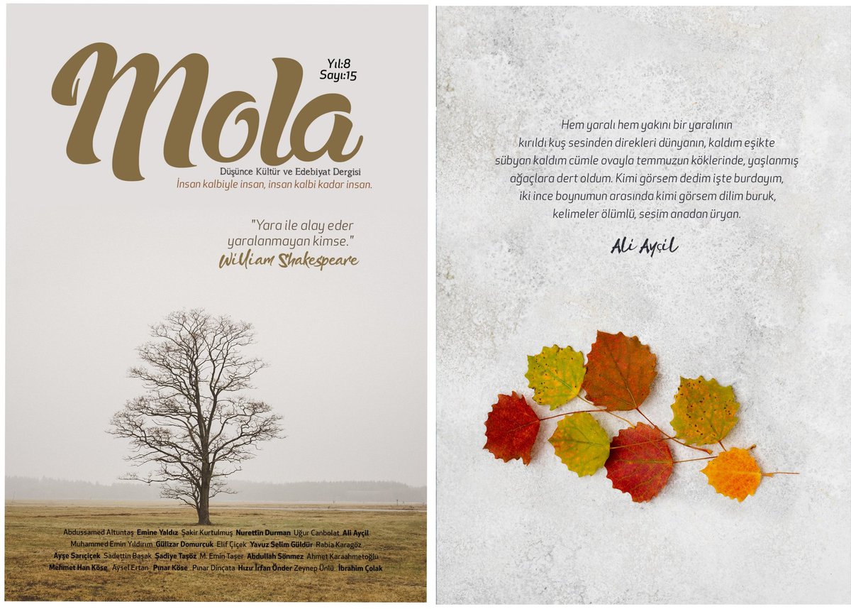 "Yara ile alay eder yaralanmayan kimse"...
Dergimiz Mola'nın 15.sayısı kapağı sizlerle...
Yeni sayılarda görüşmek üzere...🍂