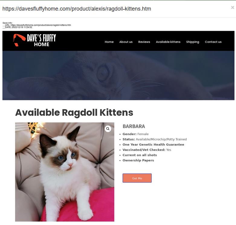 aa419's tweet photo. /davesfluffyhome.com reported as a #PetScam

Sanity checks: 
AS16276 = OVH SAS  => not good 🚩
NS: GOCHEAPWEB[.]COM => very likely🚩🚩

Preexisting stolen images?  Domain reg'ed 2022-12-11, kitten on Facebook already on Apr 2021.  

#Scam winner!

@namecheap https://t.co/l2KptF8JaW
