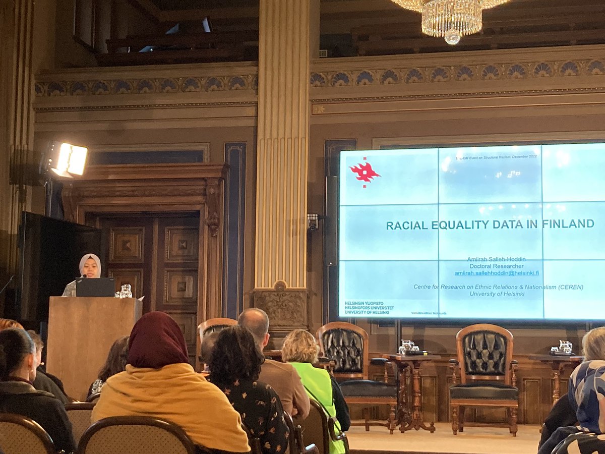 Amiirah Salleh-Hoddin commenting on the report on racism and discrimination by the Ministry of Justice at Säätytalo right now. Important knowledge about racial equality data. @CEREN_Helsinki #antirasismi