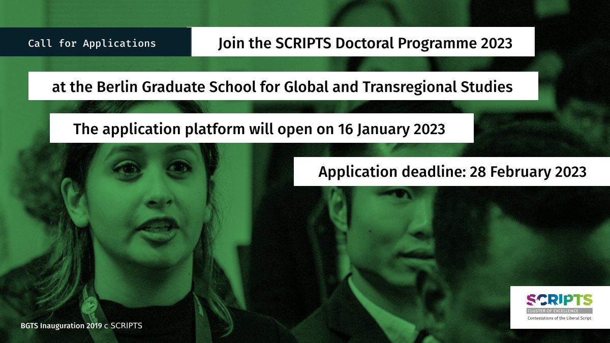 scriptsberlin's tweet photo. 📢 Pre-call for applications: Join us as a doctoral researcher at the BGTS! Our application portal will open on 16 Jan 2023. Time to prepare your application for the Sept 2023 intake! Info➡️ https://t.co/oENAvQvnD0 We appreciate a diverse group of candidates. Help us by sharing🤝 https://t.co/6JL2y2sIfr