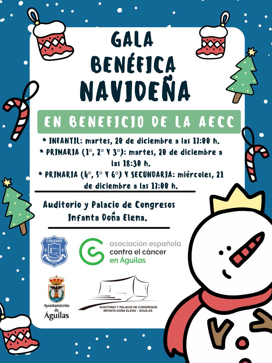 Gala Benéfica Navideña Colegio Carlos V
a beneficio de AECC

días 20 y 21 de diciembre 2022

Venta de entradas: 
bacantix.com/entradas/?id=A…
Museo Arqueológico, Casa de la Cultura y el mismo día 2 horas antes en taquilla

Jueves 22 diciembre
Concierto Navidad Mediterráneo 11:00 horas