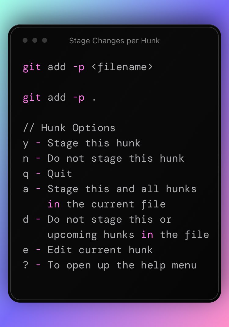 TheGitGuild's tweet photo. Here is a quick git tip.

If you want to stage part of a file, you can append "-p" flag to the add command.

It will narrow down the scope per hunk basis. https://t.co/U0C1q6Fwpf