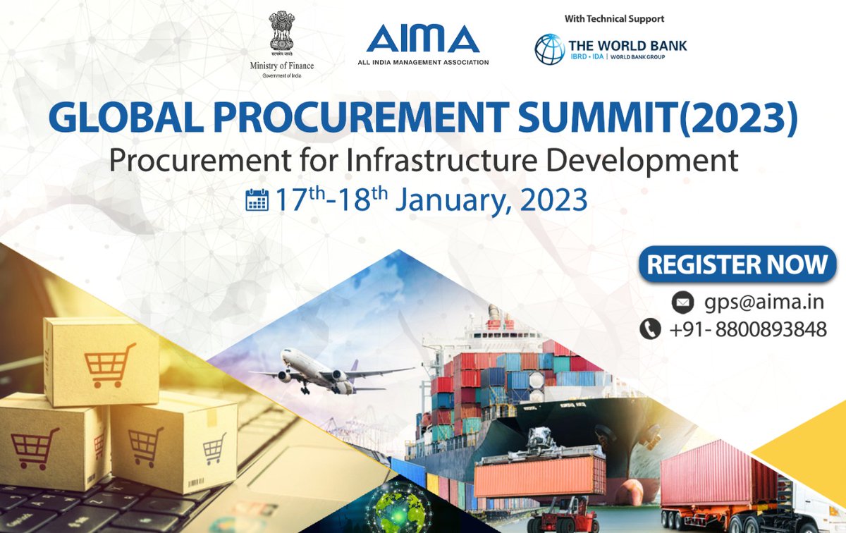 aimaindia's tweet photo. AIMA is organising its ‘Global Procurement Summit 2023’ aimed to explore how procurement can contribute towards infrastructure development &amp; discuss how procurement reforms have made modernising procurement possible. 

Register- gps@aima.in

#ProcurementSummit #ProcurementReforms https://t.co/j3KRDik5BT
