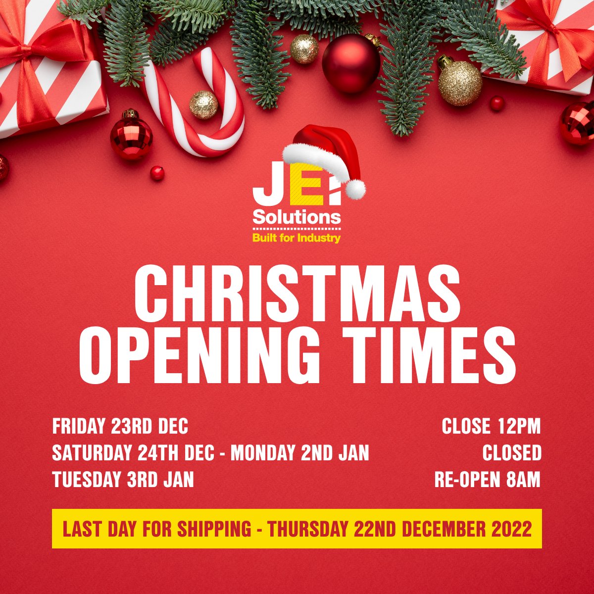 JEISOLUTIONS's tweet photo. Just a quick reminder that we will be closing at 12pm on 23rd December and re-open as normal from 3rd January, with 22nd December our last shipping day. https://t.co/P1gKWMxmyF